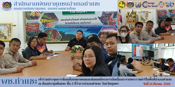 พช.ท่าแซะ เข้าร่วมประชุมการขับเคลื่อนขยายผลและต่อยอดโครงการอันเนื่องมาจากพระราชดำริในพื้นที่อำเภอท่าแซะ